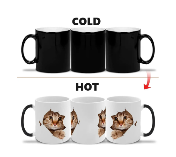 A set of color-changing mugs; black when cold revealing a plain design, and white when hot showing a cat image.