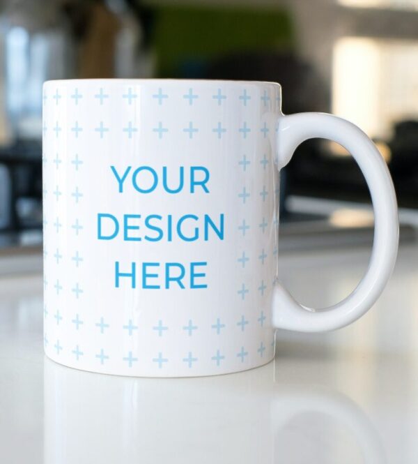 Blank design of a white 11 oz Mug that has an editable "Your Design Here".