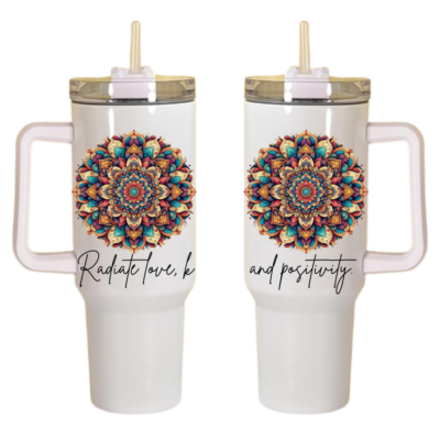 Two white 40 oz tumbler like Stanley travel mugs with colorful mandala designs and inspirational text Radiate love, kindness and positivity.