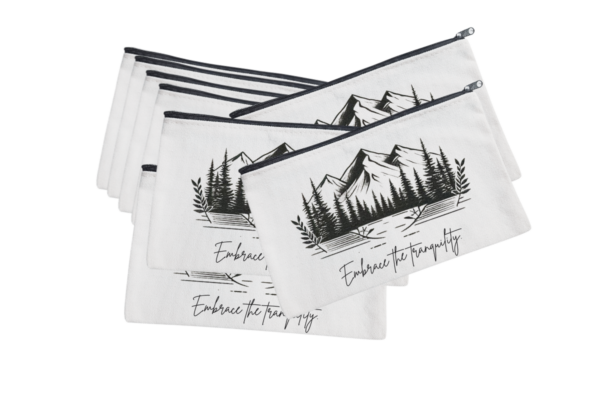 An 8.3x5 inch versatile bag featuring a serene mountain and forest design with the phrase “Embrace the tranquility.”