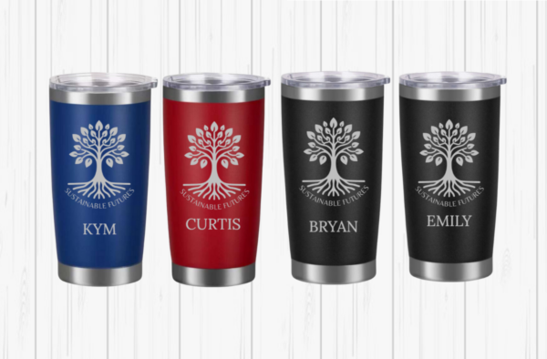 Four insulated corporate 40 oz tumblers in different colors like Stanley, each personalized with a name and the logo of “Sustainable Future” for corporate employees and swag